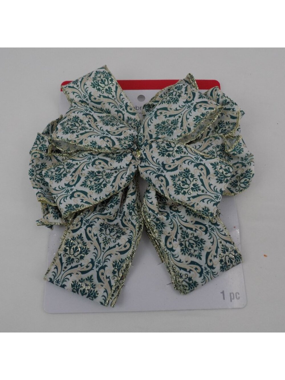 Celebrate It Christmas Tree Bow Clip Gold Trim Green White Damask Pattern Decor